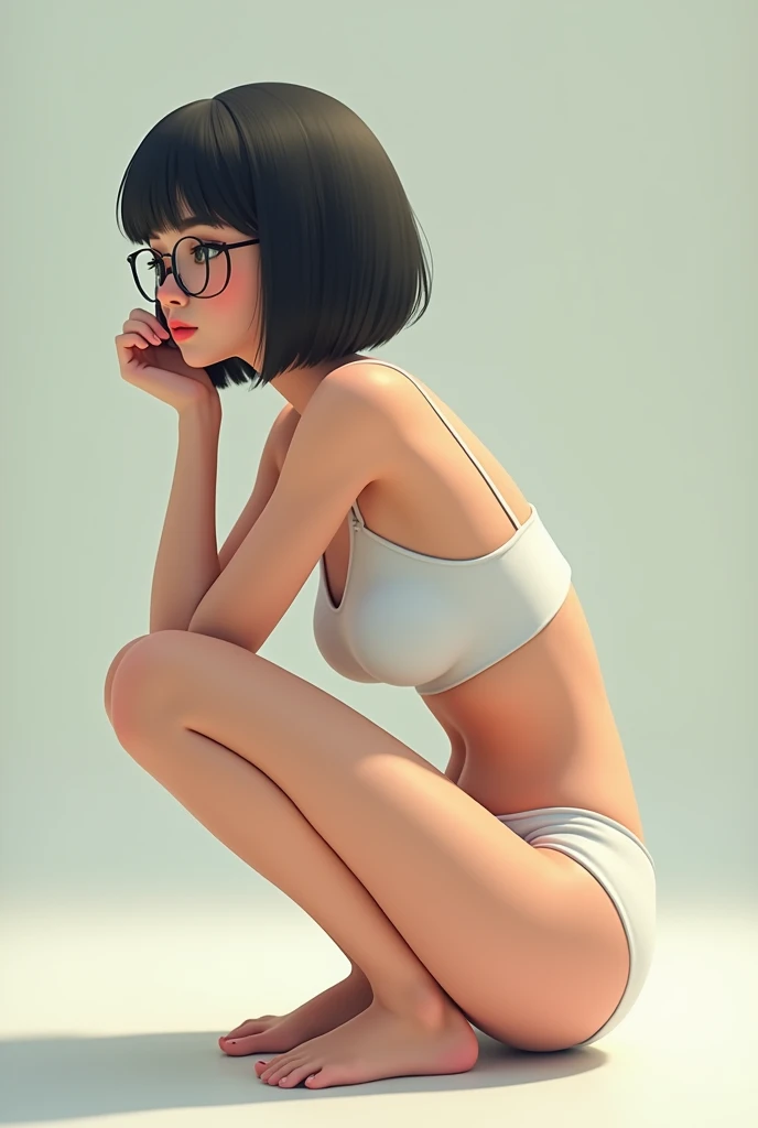 Girl with bob haircut, round glasses, and panties squats
