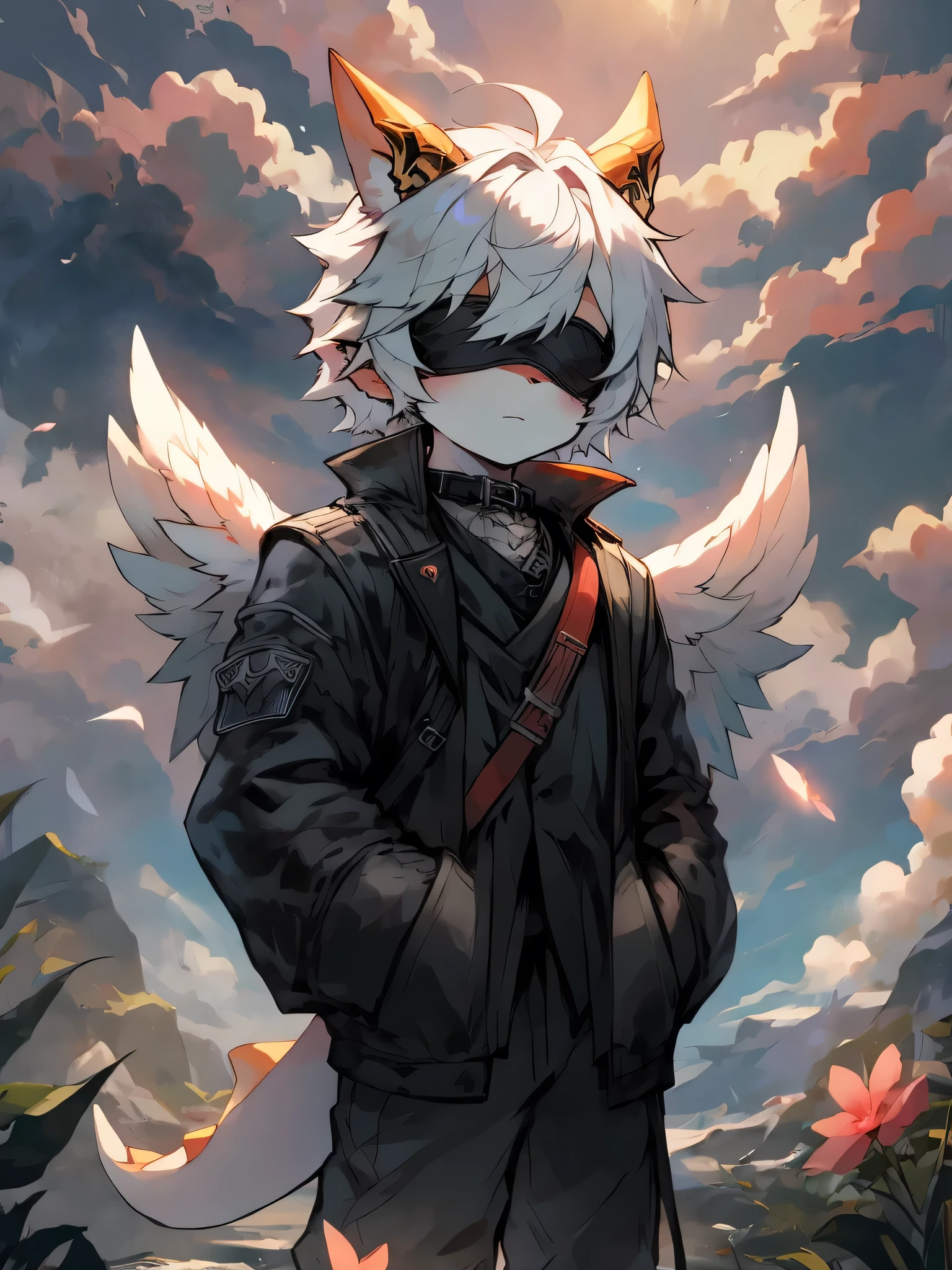 Little Shota，White hair，Men，Q version，Parasaurolophus，There are dragon horns on the head，stand up，Black lace up blindfold，Masterpiece，high resolution，high quality，Clear details，There are two white wings behind，Cloud，Look at the viewer's perspective，Angel Halo，European and American style，Cold light，jacket