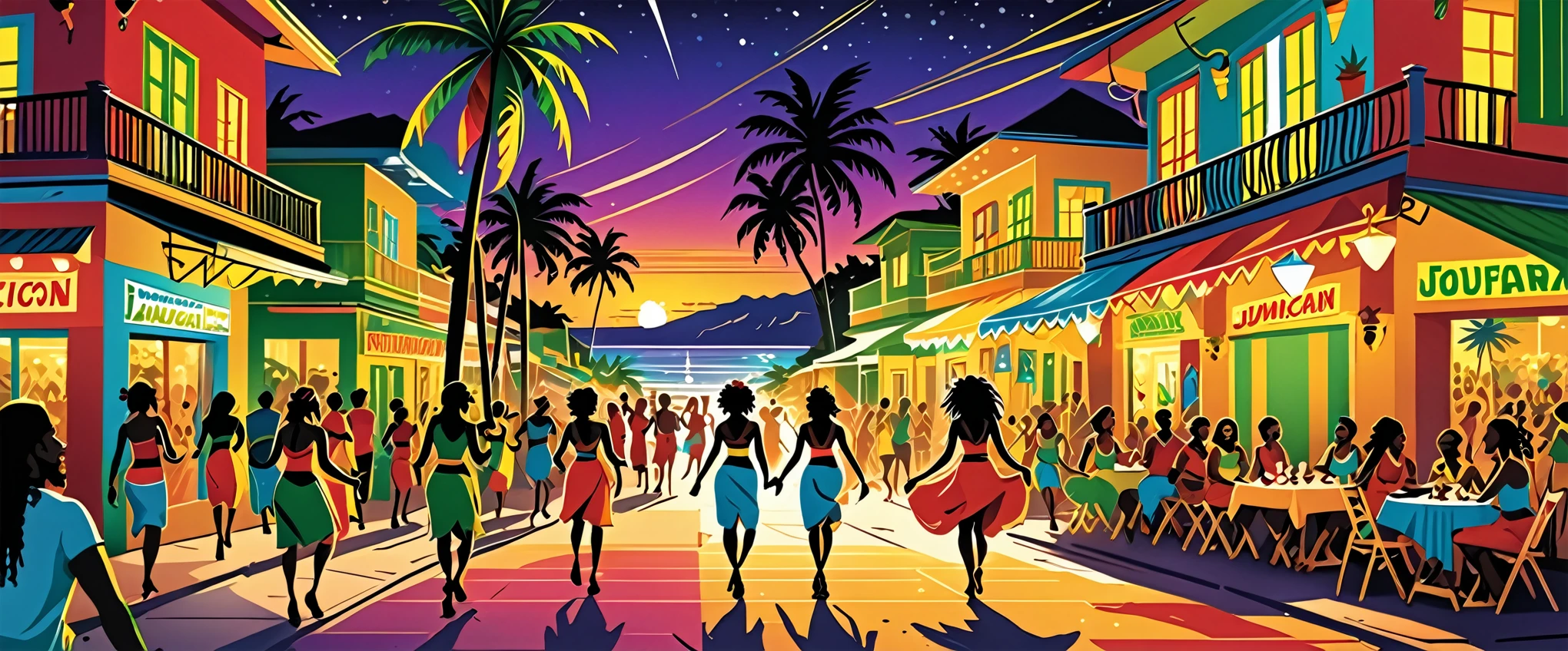 Vector art, Lots of Jamaican Reggae, Authentic Jamaican reggae music atmosphere, Chic colors,Attention to detail,
Streetscape,Shield of David,Rastafarian,Full Luster Color,Palm tree,Half of the beach.City of night,Dancer