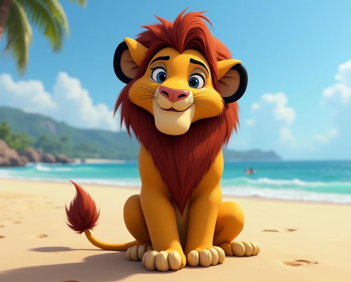 Alex the Lion from Madagascar movie, furry, Alex is a brown and yellow African lion with black color ears on the outside and yellow color on the inside ears, a brown glossy mane, which is usually shaped like a pentagon in most viewpoints, he also has blue eyes, extremely beautiful face, muscular body, six pack abs, gentle shy look, hot, wears denim cargo shorts, in crocs, shirtless, on beach, smile, sitting on beach