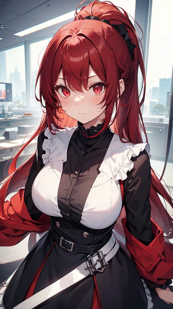 (Highest quality,Very detailed,girl),black tights,Red hair,ponytail,cute,Red eyes,Height: 130cm,She is wearing a black dress,Her eyes are white and shining,Her eyes are white and shining,Looking at me with a bright face,Has an embarrassed look