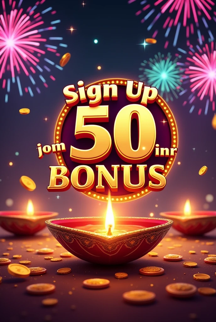 (photorealism:1.1), Sign-up Bonus, 50INR, jili Slot games, diwali crakers, look like a website promotion image