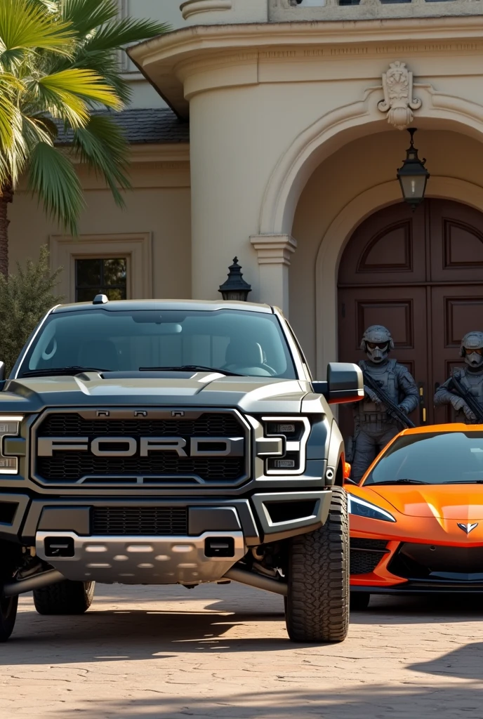 Photo of a gray Ford Raptor and an orange Corvette in a mansion with armed soldiers