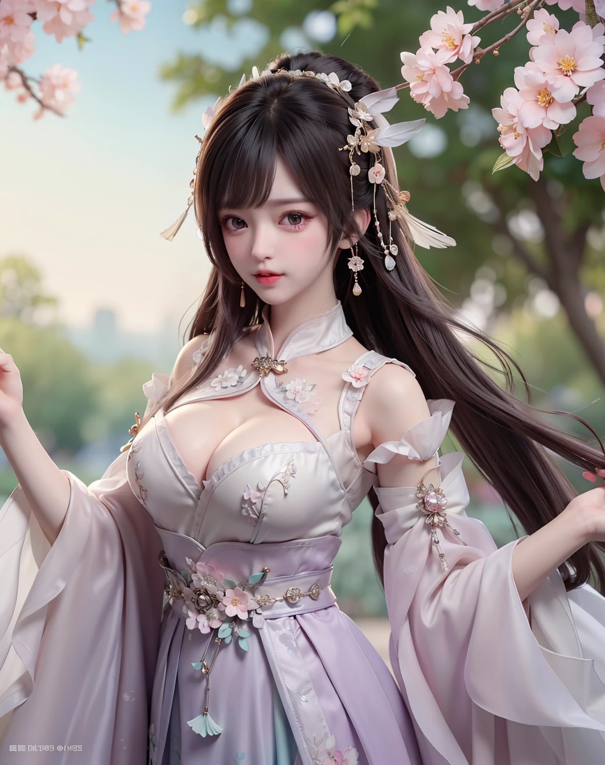 (8k, RAW photo:1.2), best quality, ultra high res,dramatic angle,(fluttered detailed color splashs), (illustration),(((1 girl))),(long hair),(rain:0.9), (Headdress:1.4),There is an ancient palace beside the girl,Hanfu,(Key Points),Color ink painting,(Splash of Color),Splash of Color,(((colorful))),(sketch:0.8) , Masterpiece, best quality, beautiful painted, highly detailed,(denoising:0.6),[splash ink],((ink refraction)), (beautiful detailed sky),moon,highly,detaild,(masterpiece, best quality, extremely detailed） CG Unity 8k Wallpaper，masterpiece，best quality，Ultra Detailed），（Lycoris）. hanfu open v open V-chested clothes Thin silk lace dress , (huge ，cleavage),, white pink and gren，best qualtiy，tmasterpiece，Ultra-high resolution，（Reality：1.4），RAW photogr，（True skin texture：1.3），（filmgrain：1.3），（Selfie angle），1个Giant Breast Girl，Beautiful eye and face details，tmasterpiece，Best quality at best，，The chest more exposed， detailed hair, bra purple and green , detail 8k, upper body, lace petticoat