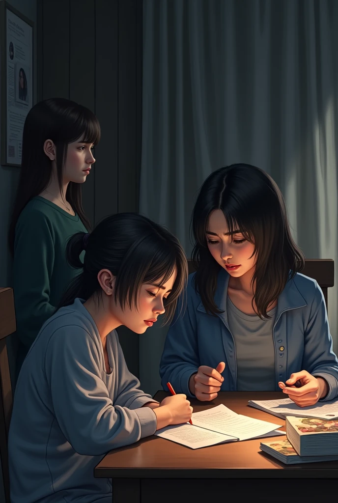 A girl sitting in room, sad face , studing with books, and mother of her shouting on her, mother engry face, another girl sitting on chair with sad face looking at them