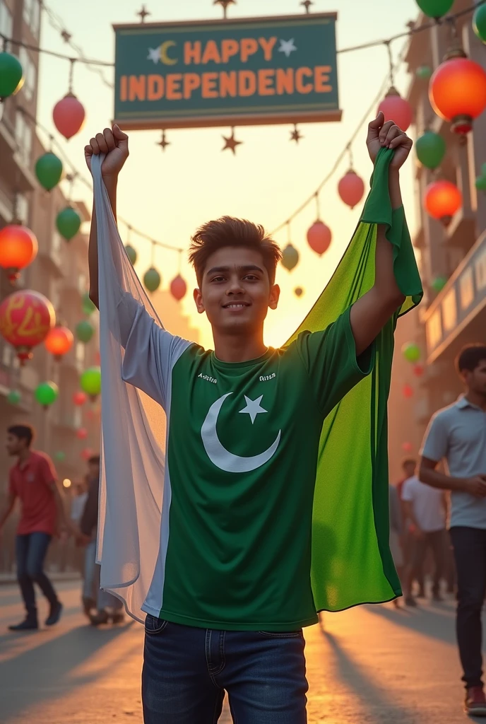 Create an image of a 20 year-old realistic boy wearing tricolor shirt with name “A.RAKHA” written on it. He is holding the national flag of PAKISTAN. “Happy Independence Day” will be written on the poster above the road side with ballons, chandeleir, holographic picture high quality detail photo.