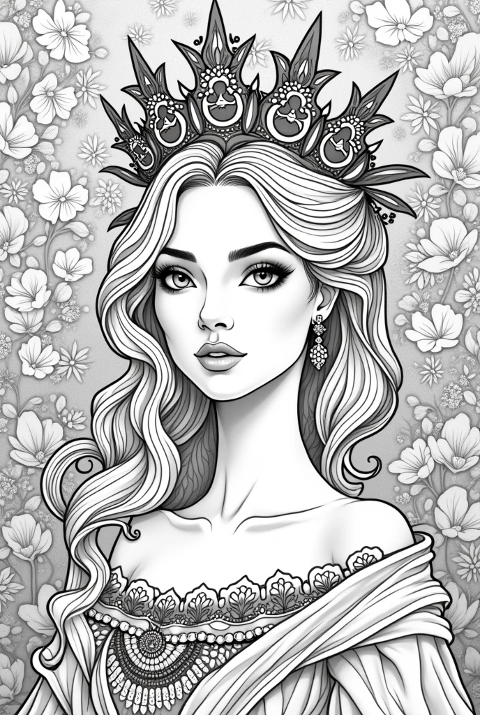 Lady queen half photo flowers background coloring book pages black and white high details different types of images