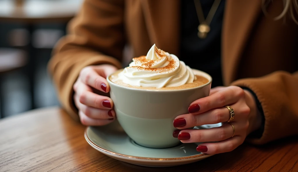 (work of art:1.2, highest quallity,highest quallity,very detailledな:1.2),(very detailled),8k,(realisitic),(RAW Photos:1.2),(1 female),A woman eating a cup of açaí with whipped cream,Stylish café,(Stylish Photos),(Legal photo),(beautiful hands:2.0),(detailed hands:1.2)