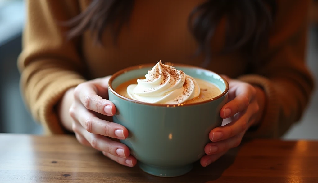 (work of art:1.2, highest quallity,highest quallity,very detailledな:1.2),(very detailled),8k,(realisitic),(RAW Photos:1.2),(1 female),A woman eating a cup of açaí with whipped cream,Stylish café,(Stylish Photos),(Legal photo),(beautiful hands:2.0),(detailed hands:1.2)