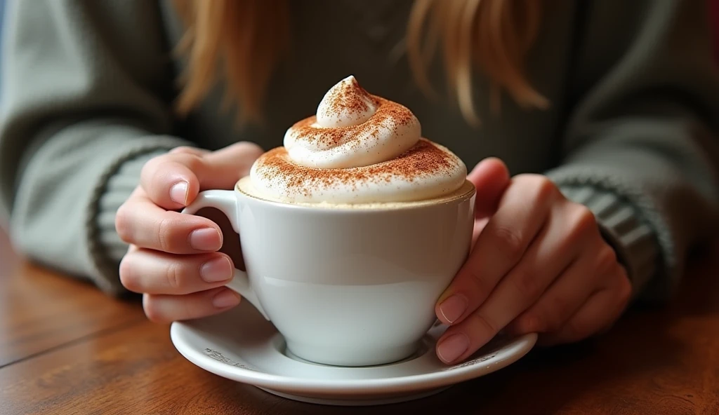 (work of art:1.2, highest quallity,highest quallity,very detailledな:1.2),(very detailled),8k,(realisitic),(RAW Photos:1.2),(1 female),A woman eating a cup of açaí with whipped cream,Stylish café,(Stylish Photos),(Legal photo),(beautiful hands:2.0),(detailed hands:1.2)