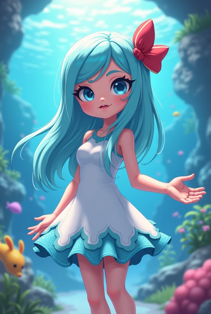 Splatoon squid(Girl)Draw!
Her hair is long and light blue.、The outfit with the red ribbon on the right side of her head is a white one-piece dress.、I'm at the aquarium