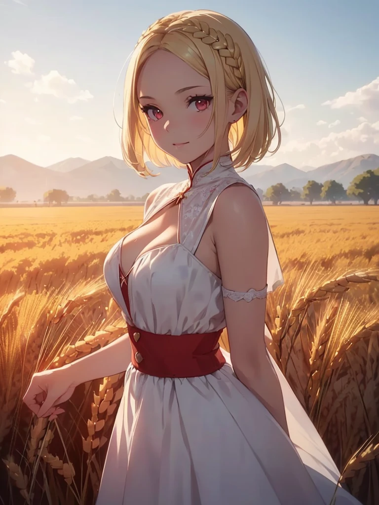 cuteness overload, wearing white slavic ukraine dress, traditional white red slavic dress, ((cleavage))), full body,solo super cute army lady, solo, (((short straight blonde hair))), (((blonde))), (Bring out your forehead:1.2), (((red eyes))), evil smile, , fit,beautiful, masterpiece, best quality, full body, (anime,8k,masterpiece, top quality, best quality, beautiful and aesthetic:1.2,professional illustrasion:1.1,(Europe girl),(super model, super idol, perfect face, beautiful face, beautiful hair, beautiful eyes, happy,wheat field background
