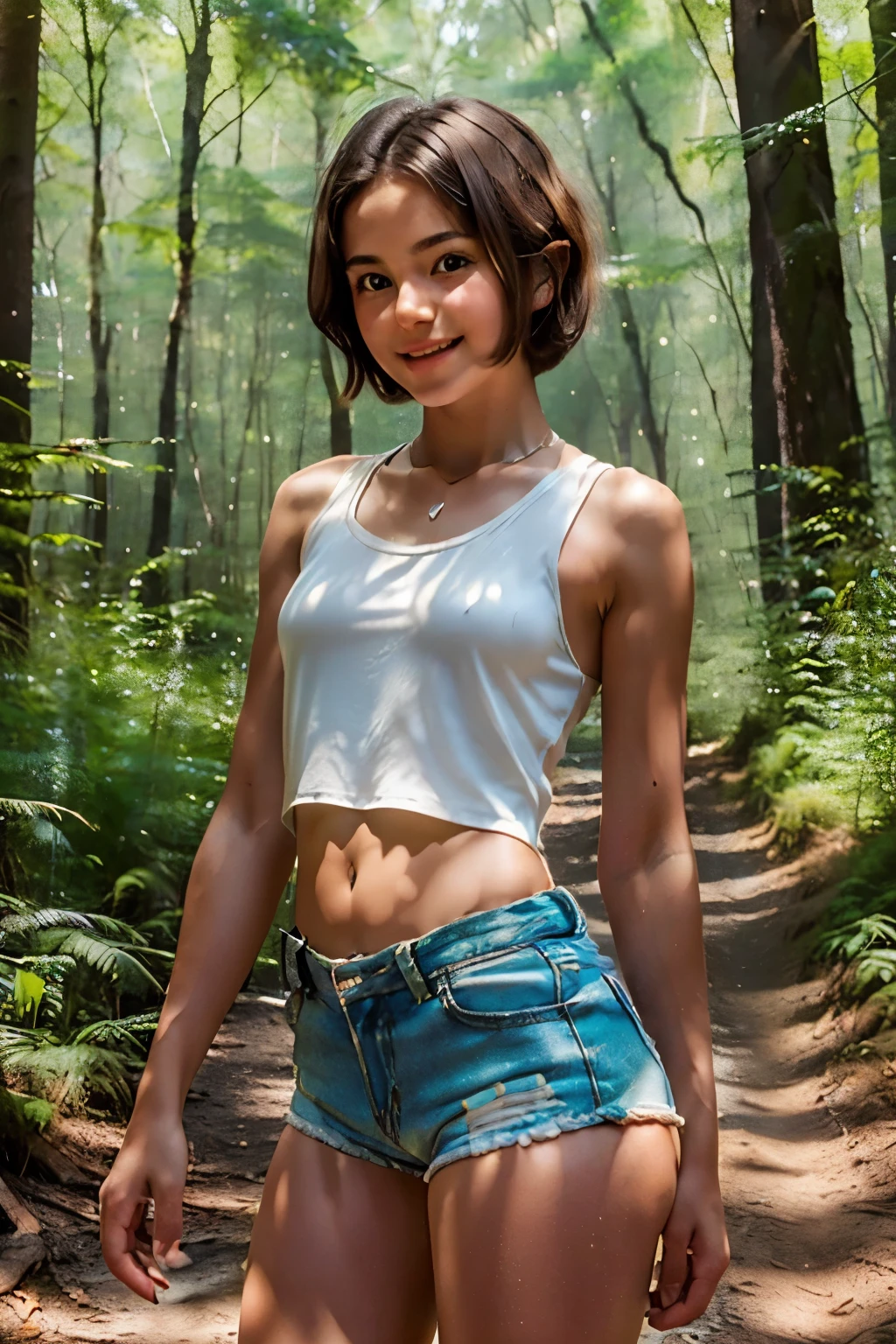 beautiful girl, (((((small)))), showing face, protruding tongue, short hair, brown, 8k, professional photography, delicate, clear, in the forest, sun, light leakage, masterpiece, (beautiful)))), (reality)))), smile, fantastic, angel, young,  wearing a white tank top and white short shorts