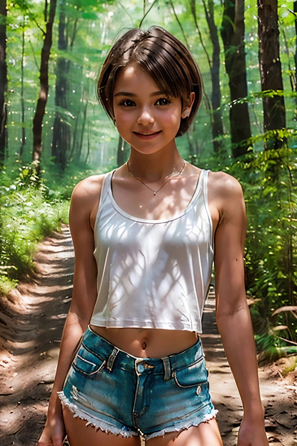 beautiful girl, (((((small)))), showing face, protruding tongue, short hair, brown, 8k, professional photography, delicate, clear, in the forest, sun, light leakage, masterpiece, (beautiful)))), (reality)))), smile, fantastic, angel, young,  wearing a white tank top and white short shorts