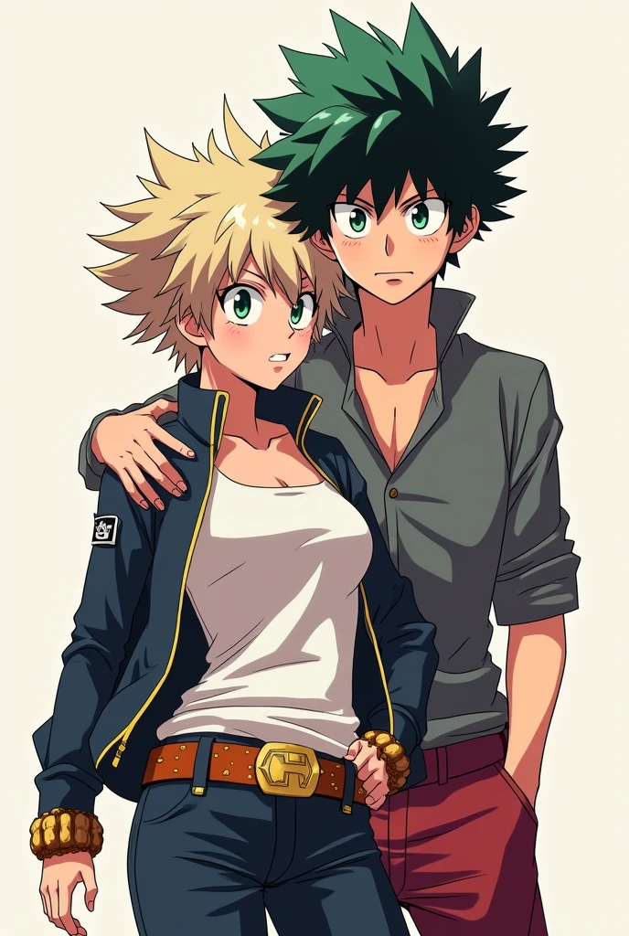 Makes Bakugou in his female version, slightly increased torso and hips with her typical short hair and Deku at her side, Obviously this being a boy like in the anime. 