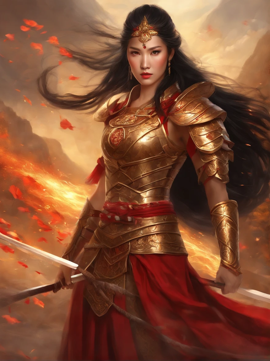 "A magical warrior from ancient Asia, with long black hair tied up in an elaborate hairstyle, wearing delicate armor made of silk and metal, adorned with phoenix feathers. In your hands, She wields a combat fan that emanates golden flames, lighting up your determined face. Ao fundo, a battlefield with flags torn in the wind, surrounded by cherry blossoms whose petals gently fall. The sky is tinged with shades of red and gold, creating a mystical and powerful aura around the warrior, mixing beauty, magic and strength."