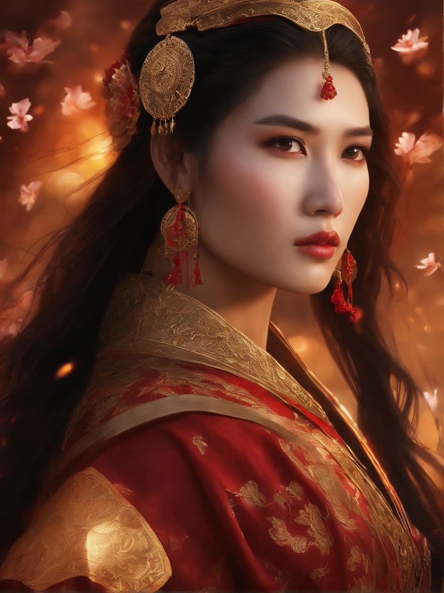 "A magical warrior from ancient Asia, with long black hair tied up in an elaborate hairstyle, wearing delicate armor made of silk and metal, adorned with phoenix feathers. In your hands, She wields a combat fan that emanates golden flames, lighting up your determined face. Ao fundo, a battlefield with flags torn in the wind, surrounded by cherry blossoms whose petals gently fall. The sky is tinged with shades of red and gold, creating a mystical and powerful aura around the warrior, mixing beauty, magic and strength."