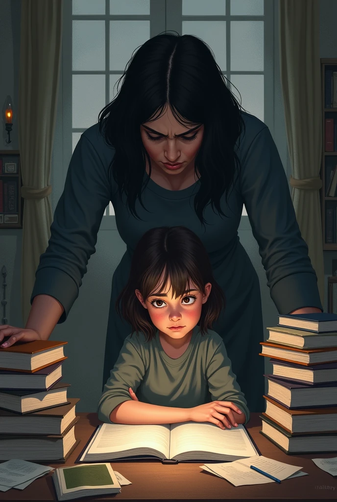 A girl sitting in room, sad face , studing with books, and angry mother of her shouting on her,