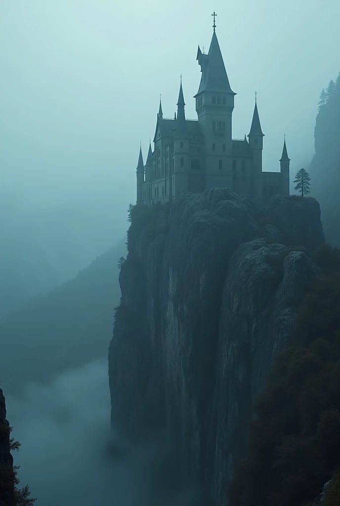 draculas castle in romania on top if the mountain foggy scary environment, cliffs the setting is dawn, aspect ratio is wallpaper 
