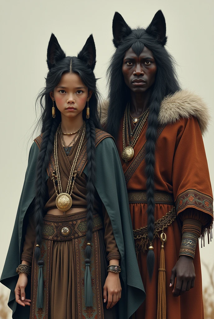 naked Traditional clothes black skin wolf face Indian girl boys side by him standing boy and girl only two people in image