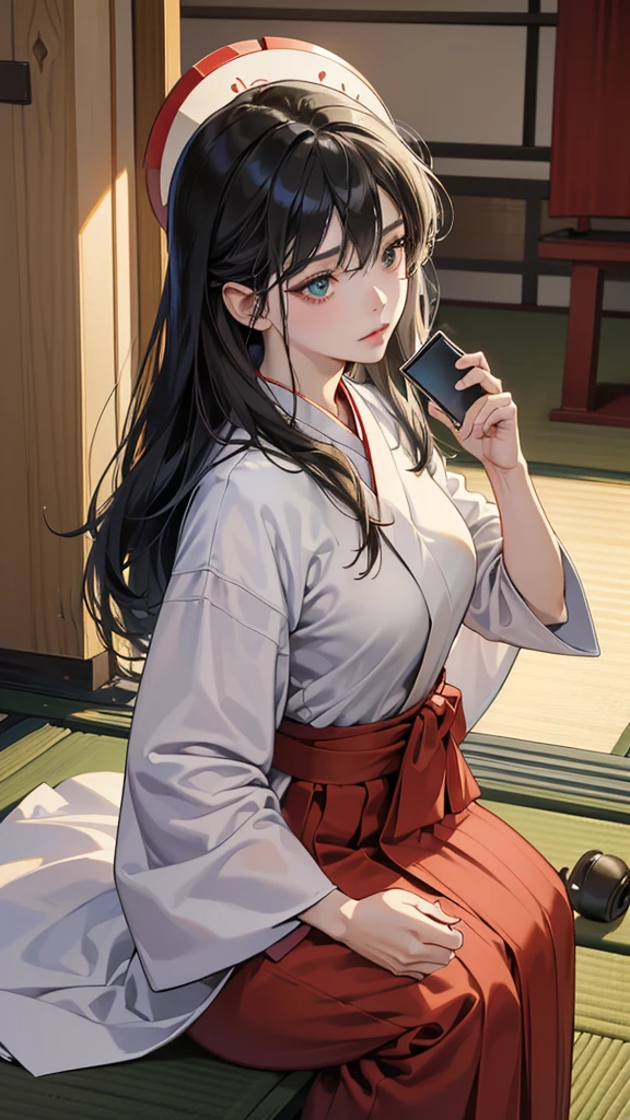 perfect anatomy:1.2)(absurdres, highres, ultra detailed),masterpiece,best quality,high resolution,8k,Realistic face,Realistic skin texture,magnified textures, stunning clarity,detailed anime girl,(ultra detailed eyes and face),15 years old,black long hair pale skin,Japanese shrine maiden, mysterious eyes,shrine maiden clothes,(white kimono),(red hakama:1.1) thin body type,big breasts,small ass,(playing a smartphone game with hands:1.5)(,gazing a smarphone),expressionless,in the shrine,(seiza) (zabuton),(chabudai),tatami room,shoji lamp,engawa,(looking to a smartphone),,afternoon,cowboy shot,serene pose,Japanese garden,(Green sun)
