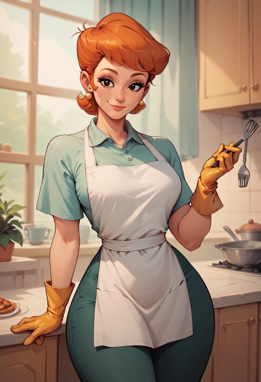 dextersmom,mature female, wide hips, orange hair, black eyes, makeup, earrings,gloves, shirt, apron, pants,slight smile  naked 