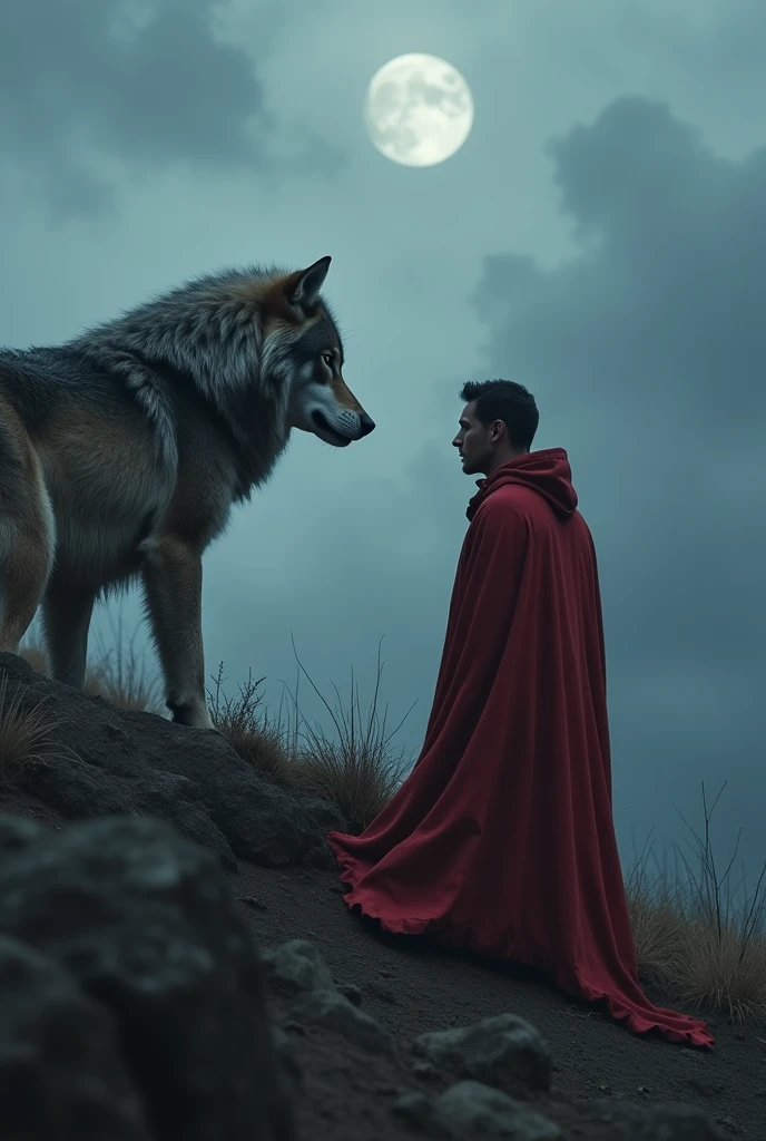 A man in a flowing red cloak, staring intensely at a ferocious gray wolf on a shadowy hilltop, dramatic lighting, cinematic composition, realistic details, highly detailed, photorealistic, masterpiece, 8k, hyper-detailed, intricate textures, dramatic mood, moody atmosphere, ominous sky, atmospheric lighting