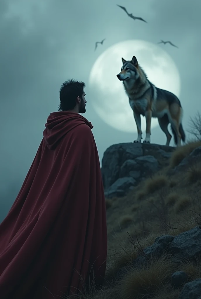 A man in a flowing red cloak, staring intensely at a ferocious gray wolf on a shadowy hilltop, dramatic lighting, cinematic composition, realistic details, highly detailed, photorealistic, masterpiece, 8k, hyper-detailed, intricate textures, dramatic mood, moody atmosphere, ominous sky, atmospheric lighting