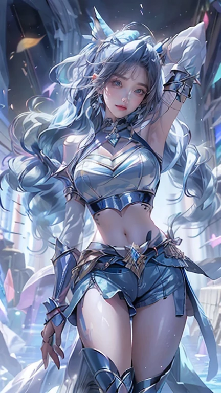 (Highly detailed CG), (Highest quality),((full body))，1 Girl,alone, leotard，Purple Hair，black choker, earrings, blue flower, magical girl, waist bow, cure moonlight dress, jewelry, flower, wrist cuffs, single elbow glove, boots, eyelashes,Perfect Face,  Shiny skin, Wide Hips,Tight waist,Knee-high boots，Elbow Bag,1 Girl, Long Hair, (((Cowboy Shot,Dynamic Angle)))，body suit，