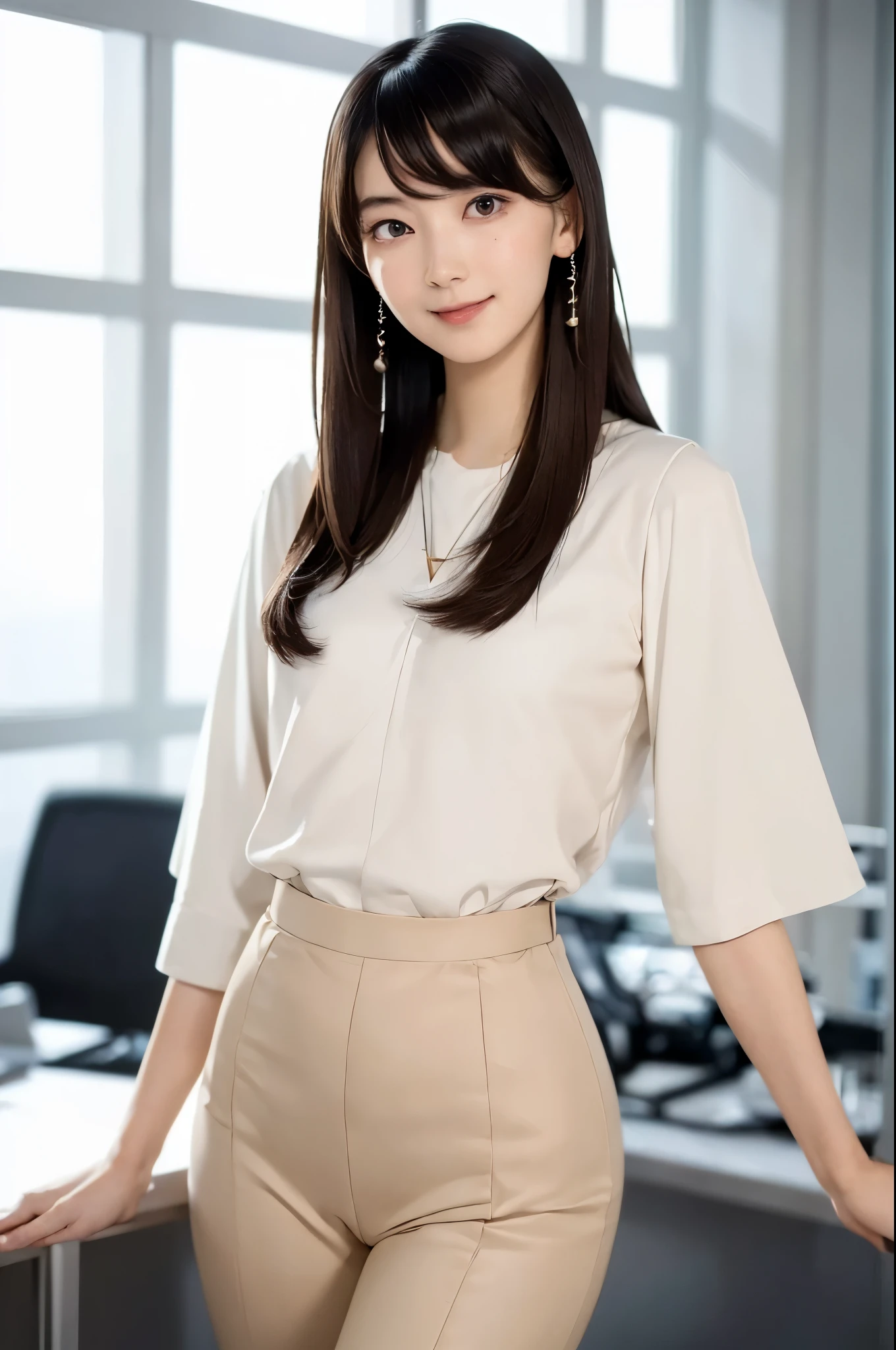 ((Medium Long Hair:1.3)), ((straight legs:1.3)),(Mole under the corner of the right eye:1),8k, Tabletop, RAW Photos, Highest quality, Very detailedな CG Unity 8k 壁紙, Written boundary depth, Natural light, Lens flare, Ray Tracing, (Very beautiful face, Beautiful Lips, Beautiful Eyes), Exquisitely detailed face, ((Very detailedな肌)) One Girl, Cute Korean Girl, K-POPアイドル, ((1 girl)), (Very slim and slender fit muscular body:1.3), (A shy smile:1.3), Clear Eyes, (Big eyes),(Black Hair),Very slim, Mid-chest, In front of eyebrows, Thick thighs,Highest quality, Highest quality, 16K, Unbelievably absurd, Very detailed, 2.5D, delicate and dynamic, Very delicate look, Delicate eye depiction, Very Fine Hair,erotic, Sexy Woman, Healthy body shape, Sexy long legs, Glowing Skin, , ((Office Lady、Beige trousers))、Stick your butt out、Big Ass、Shyness、Sweat、White T-shirt、company、Wet shirt、Wet Hair