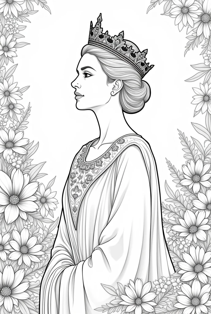 Lady queen half photo flowers background coloring book pages black and white high details different types of images