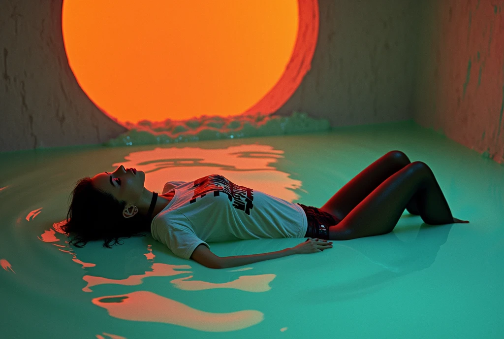 70s setting, grainy analog film, abstract art, minimalistic, artwork, conceptual, drama, indulges in fetish, black stockings, vintage, t-shirt, slave collar, drowned in slime, fallen deep in slime, fallen, orange blue, black, void