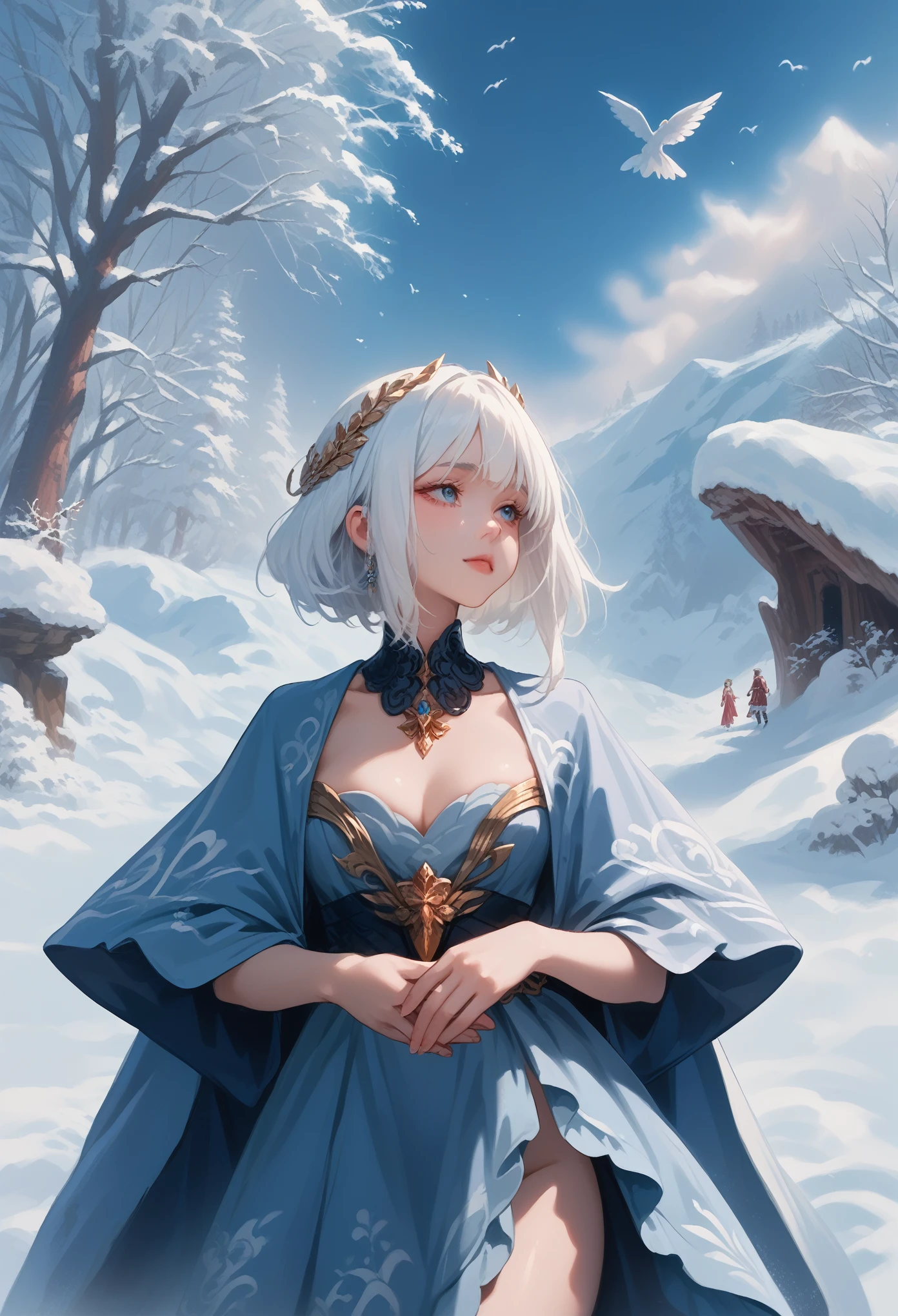 Anime girl with long white hair and blue dress in the snow, white-haired deity, white hair floating in the air, Anime fantasy illustration, Loose white hair, beautiful young spirit of the wind, beautiful fantasy anime, glowing flowing hair, Ethereal anime, beautiful anime works, beautiful digital images, anime fantasy artwork, ((fair empress fantasy)), 2. 5 d cgi anime fantasy artwork,cinematic film still,score_9,score_8_up,score_7_up,masterpiece,best quality,8k,source_cartoon,source_アニメ,Shine