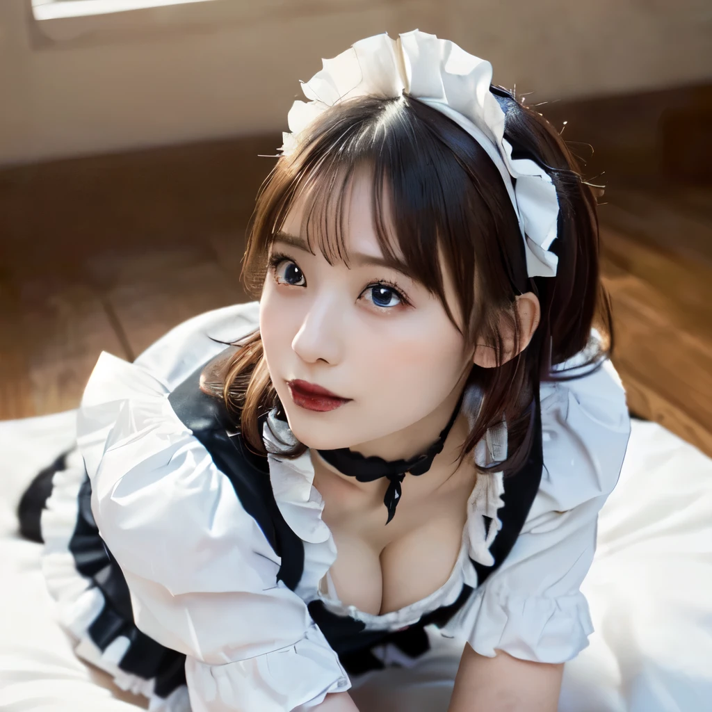In a hotel room, 20-year-old, Gothic Maid, On the bed, ((On all fours、put in、Deep joy、Ecstatic Eyes:1.2),(Side view:1.5), Natural Makeup, Watery eyes、Climax expression、look up、Staring at the ceiling、 Maid Choker, 巨大なCleavage、Thighs, Gothic ta Fashion, Frilled Skirt、Glowing Skin、Cleavage、Lots of frilly socks、Official Art,Highly detailed CG Unity 8k wallpaper, (masterpiece:1.0),(Highest quality:1.0), photo shoot, 8k, Browsing Caution, High resolution, Kodak Portrait 400, Film Grain, Lens flare brilliance,View your audience, Top View