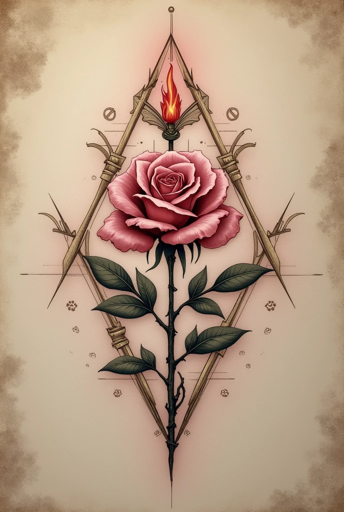 Tatouage d’une rose et des symboles de courage et à la détermination