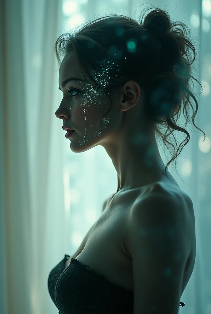 photoillustration of double exposure of merged, a beauty-lady, a demon-spirit, (transparency effect of a ghost-spirit images facing on her), seamless mix, texture and pattern, transparency ghost effect, iconic stance, dramatic shadows, dramatic lights, interlacing elements, fit-image facing on her, breast, side view, fantasy art, two tones, opposite-opponent digital manipulated photo art, hyper-realistic, ultra-detailed, crisp clarity, high-contrast, luminous ambiance, rich textures, intricate patterns, vivid colors, cinematic lighting, photorealistic, accurate anatomical proportions.