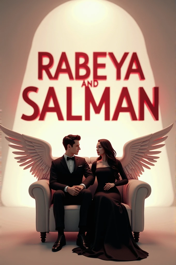 Create a 3D realistic Image where a couple in BLACK Casually on a wingback chair, Look ahead the background features "RABEYA & SALMAN in big capital RED fonts on the white lighting wall. There should not be shadow, and wings should be added to make it appear as if he and she is an angel. " 