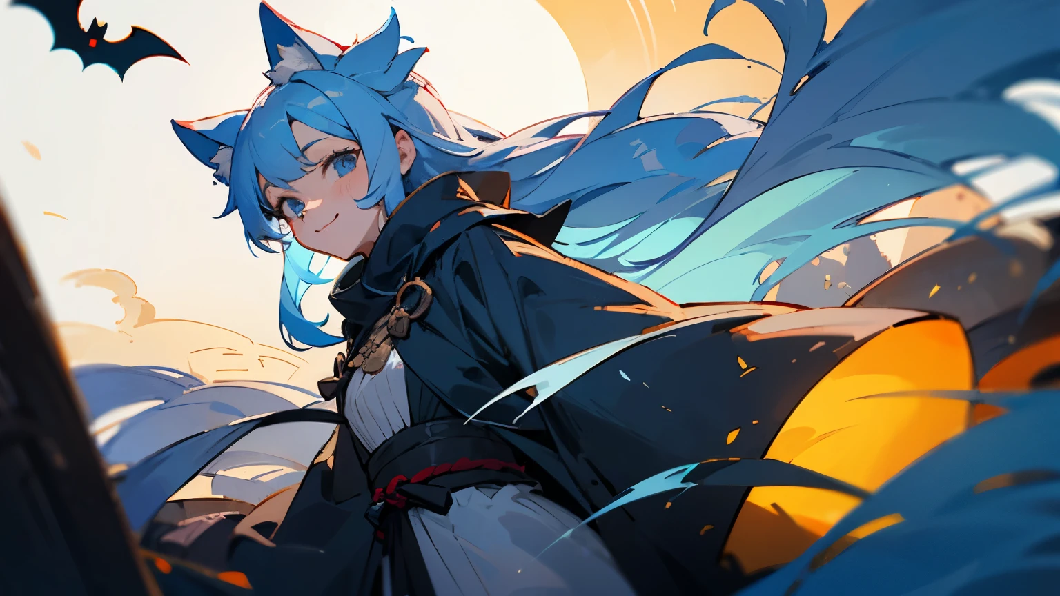 koshkodevochka, Light blue hair, light blue eyes, 2D art, long hair, in a witch costume, Halloween, smiling, Interesting composition, interesting ninjijourney style, looks at the camera, cat ears 