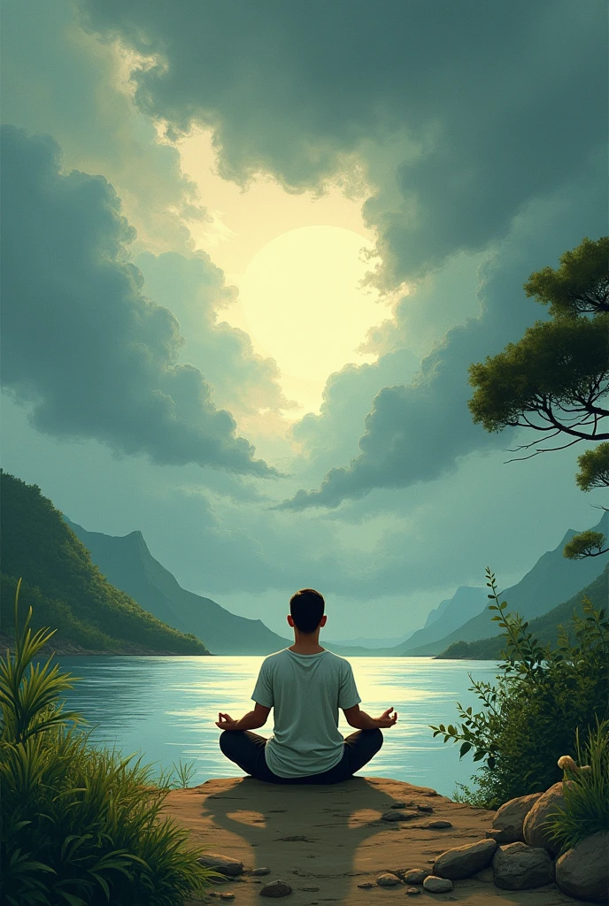 A serene landscape with a person meditating in the foreground, surrounded by stormy weather in the background, Illustration drawing stoicism
