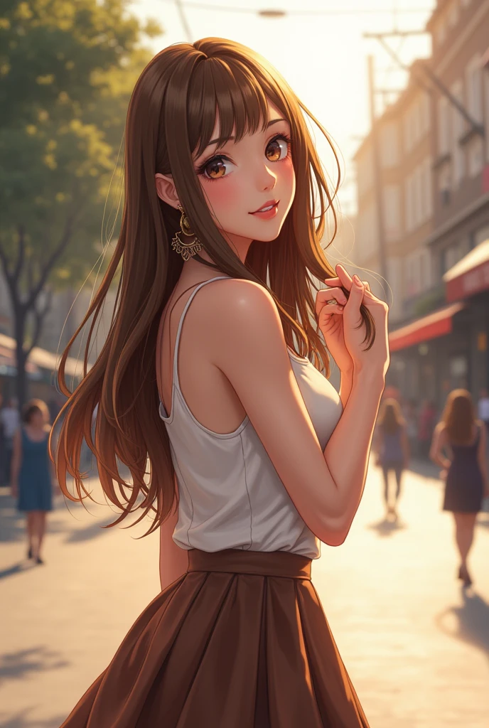 ((Best quality, 8k, Masterpiece :1.3)), 1 beautiful woman, long Hair, brown hair, wearing Camisole & skirt, shy-smile, Sunlight, at street