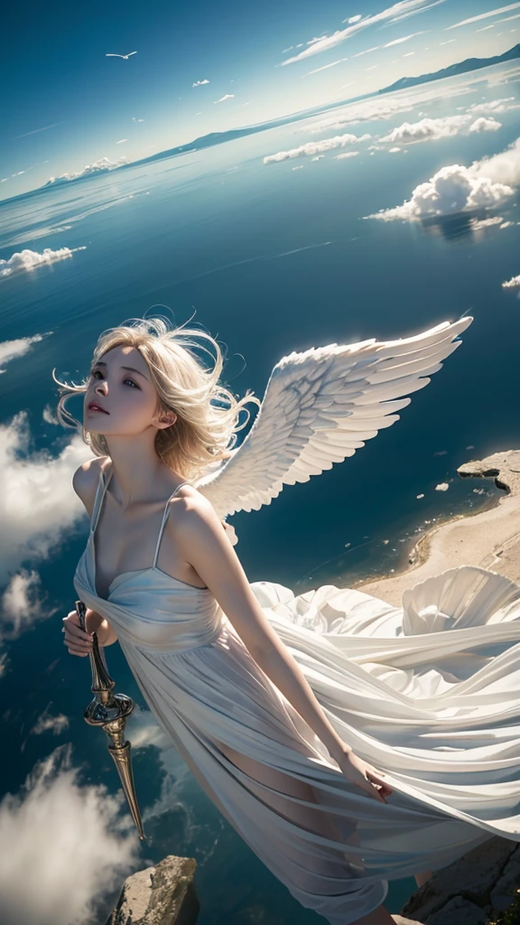 ((A serene summer scene with an ultra-high-definition, realistic angel flying gracefully in the sky)), The angel is facing towards the camera with lifelike facial features and detailed textures, The angel has intricately detailed white wings, fully extended as it soars through the air in an elegant, natural pose, The angel has platinum blonde hair flowing gently in the wind, with realistic light reflections and highlights, emphasizing the sensation of movement, The angel is dressed in a flowing white outfit, adding a sense of purity and grace, The angel holds a silver staff, adding a touch of mystique and power, The theme color of the scene is blue, reflected in the angel's attire, the sky, and the overall color palette The background features a clear summer sky with a soft, highly detailed rainbow arching across it, enhancing the feeling of wonder and beauty, ((The scene takes place in a celestial world, with floating islands and ethereal clouds, adding a magical and otherworldly atmosphere Soft, white clouds accompany the rainbow, adding depth to the sky)), Below, a green land and blue ocean are visible from a high angle, with realistic lighting and shadows, The landscape features gently rolling hills and a distant, vividly detailed sea, as seen from a high vantage point in this sky-bound world, The image is captured in a vertical 9:16 aspect ratio, emphasizing ultra-realistic textures, depth, and the dynamic nature of flight in a heavenly realm,"full-body shot","elegant attire"