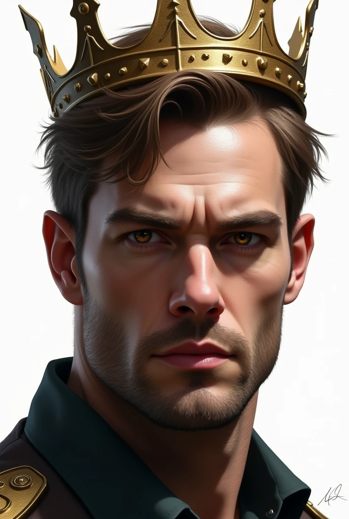 A man with no facial hair, brown ruffled hair, hazel eyes, looking at the camera with a white background, with only his neck and face showing, wearing a crown with a cold expression, digital art
