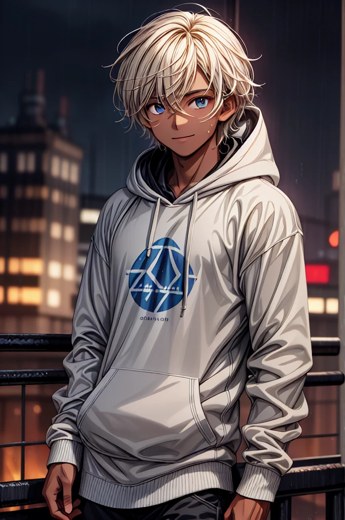 {{top-quality,masterpiece,8k wallpaper}},top-quality,Ultra-detailed CG Unity,Particle,Cinematographic lighting,lensflare,((1 teenager)),a handsome,youthfulness,a 20-year-old boy,slender,close up of face,Looking at the camera,{{Sunburned skin,Brown skin,Brown-skinned,Arab}},Smile softly,Delicate eyes,Dark blue eyes,platinum-blonde-hair,Hair of medium length,hair messy,dark boy,Wearing a hoodie,Skin gets wet,Rainy city,England at night,Rainy England Cities.