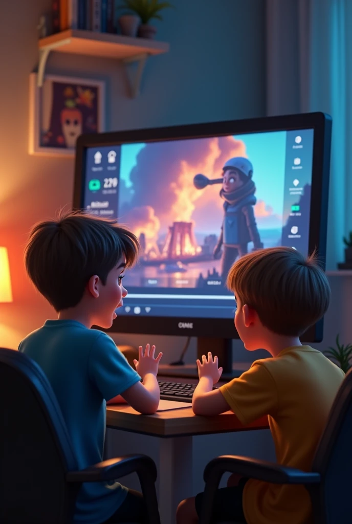 "A computer screen showing a video with rapidly increasing views, likes, and comments, while the two boys, now young men, look on with surprised but excited expressions."hyper-realistic, 8k, ultra hd, Pixar style, Disney style, cinema 4d, --ar 3:2