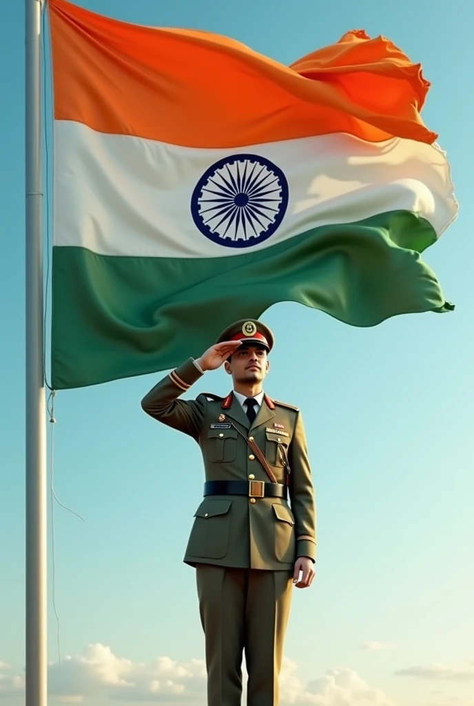 The Indian soldier, salute the Indian flag, solute the Indian people in front Indian flag