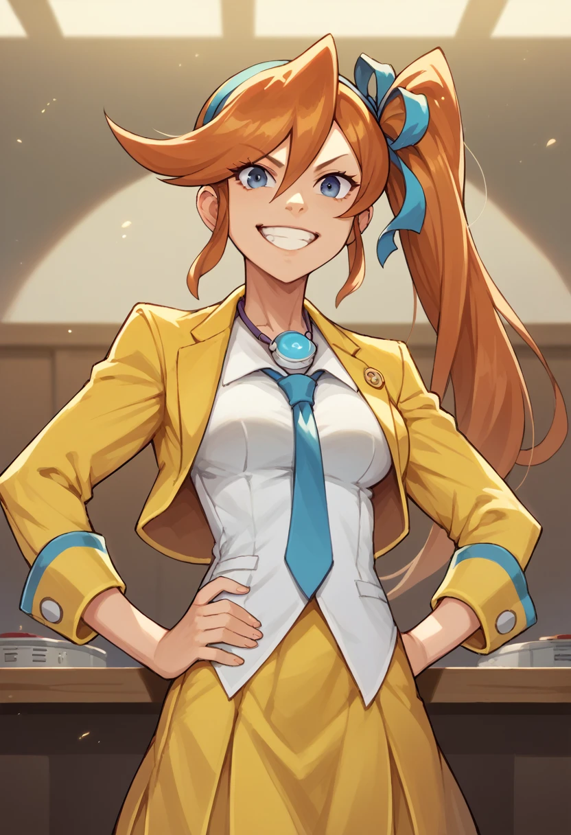 Athena Cykes, hair ribbon, side ponytail, necktie, yellow jacket, yellow skirt, 1girl, solo, podium, hands on hips, grin, courtroom, looking at viewer.