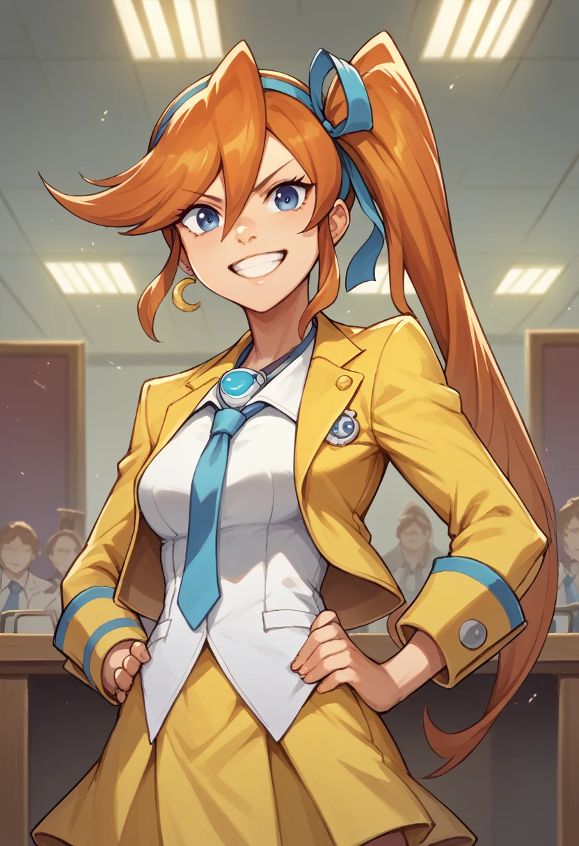 Athena Cykes, hair ribbon, side ponytail, necktie, yellow jacket, yellow skirt, 1girl, solo, podium, hands on hips, grin, courtroom, looking at viewer.