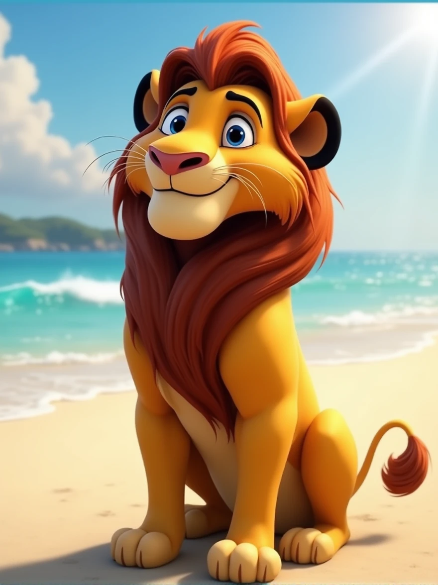 Alex the Lion from Madagascar movie, furry, Alex is a brown and yellow African lion with black color ears on the outside and yellow color on the inside ears, a brown glossy mane, which is usually shaped like a pentagon in most viewpoints, he also has blue eyes, extremely beautiful face, muscular body, six pack abs, gentle shy look, hot, wears denim cargo shorts, in crocs, shirtless, on beach, smile, sitting on beach