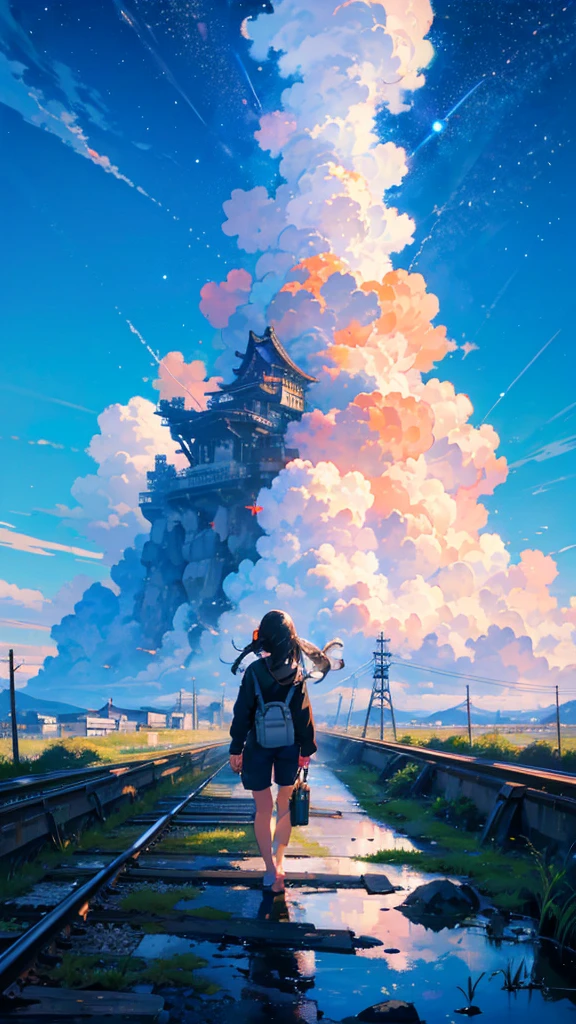 masterpiece, Exquisite detail,Highest quality, One girl, alone, handrail, cloud, buildings,Long Hair, NULL, Long sleeve, Power lines, White footwear, Black Hair, Electric pole, bangs, cloudy NULL, fish, bird, Green Eyes, Shorts, Day, Black Shirt, barefoot,star,milky way,meteors,Pitch black,Buildings,High quality anime art style,Standing painting,Splash ink background,Blue Themes,Clear Face,Distinct facial features,Fuji Mountain,Fuji Mountain,Buildings in Tokyo,Looking at me,View from behind,Shining star々,milky way,sitting in water,Bright sky,Daytime,Looking straight ahead,Future City,train,Railroad crossing,sunset,A train running on the tracks,Bright Daytime Sky,blue sky