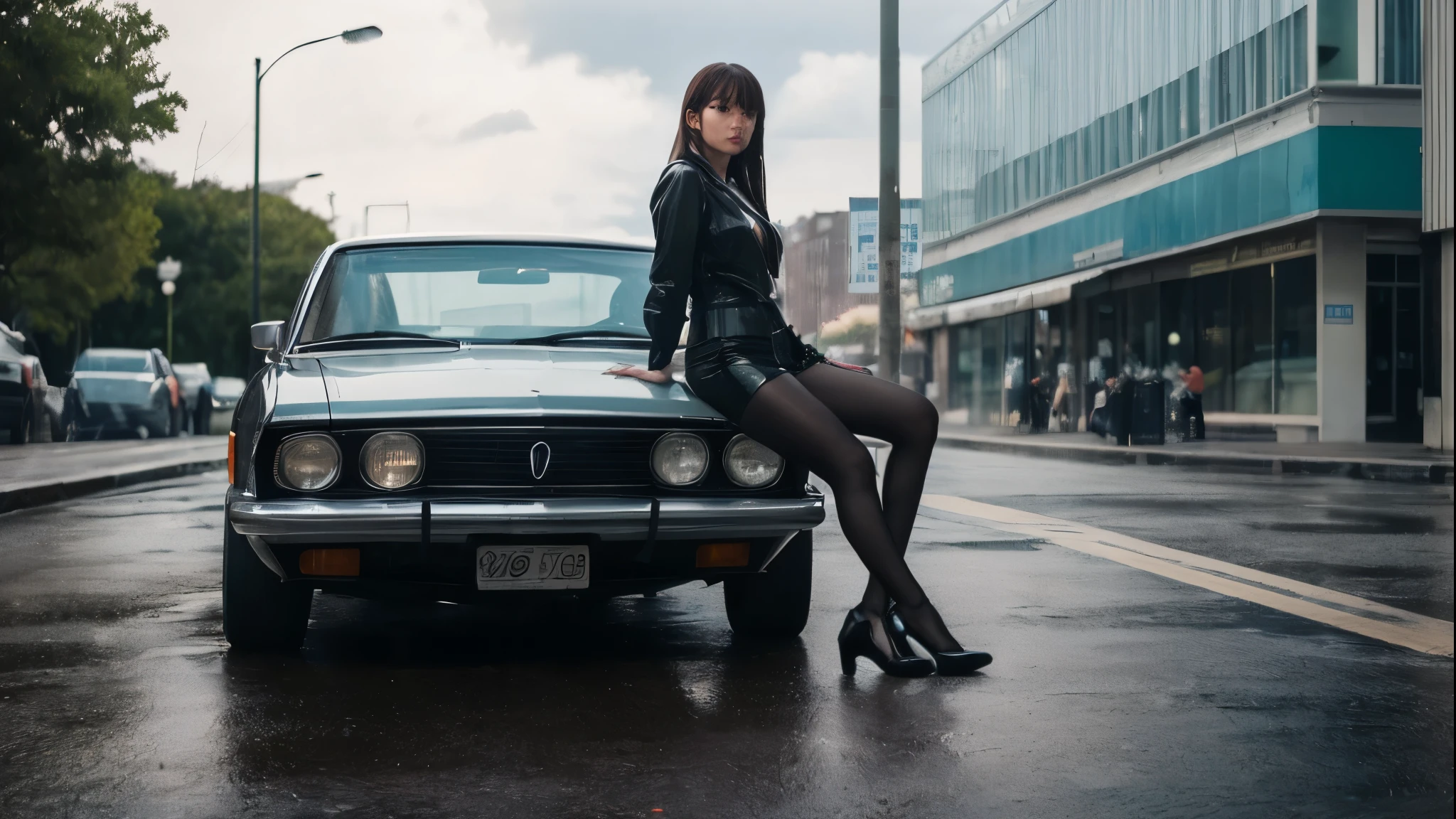 Ulzzang-6500-v1.1, (RAW Photos:1.2), (Photorealistic), (Genuine:1.4), American Woman, Warframe, Complex patterns, , Energy Line, Faceless, Shining Eyes, elegant, intense, 1980s attire。 Ultra-realistic body, alone, Modern, city, street, Dark Clouds, thunderstorm, heavy rain,, Dramatic lighting,, (masterpiece:1.2), Highest quality, High resolution, beautiful, Very detailed, Perfect lighting, Full Body Shot、Low Angle、Shooting from below、Dynamic pose,A cool woman poses leaning against a car from the 1980s in a realistic photo。